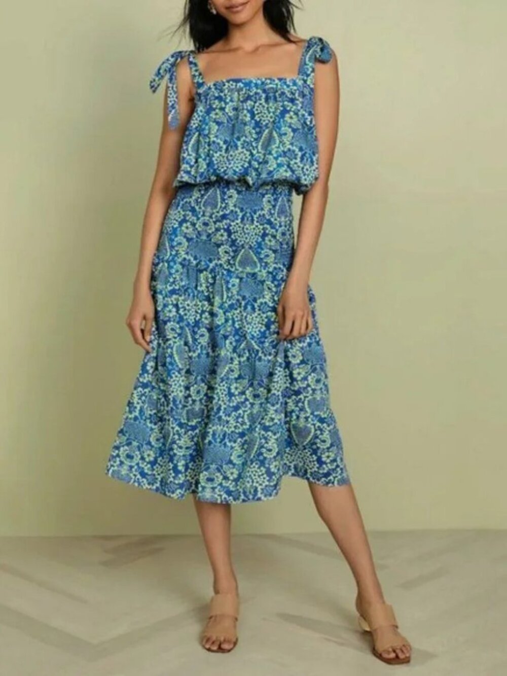 EUC Rhode 100% Cotton Floral Tie Strap Midi Dress Blue Green XS $425